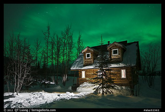 Cabin at night with Aurora Borealis. Wiseman, Alaska, USA (color)