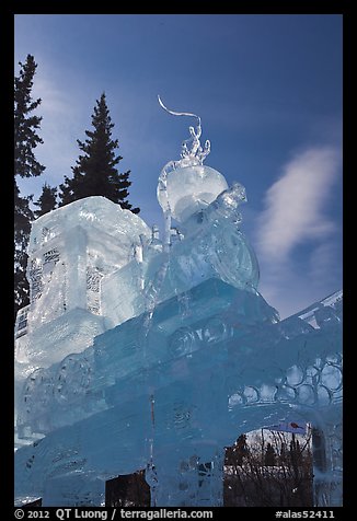Massive locomotive ice sculpture at World Ice Art Championships. Fairbanks, Alaska, USA