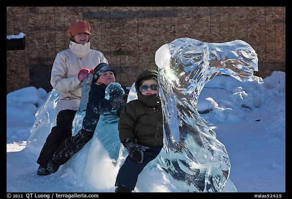 Family riding camel carved out of ice. Fairbanks, Alaska, USA