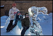 Family riding camel carved out of ice. Fairbanks, Alaska, USA