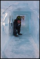 Girl inside ice tunnel, Ice Alaska. Fairbanks, Alaska, USA (color)
