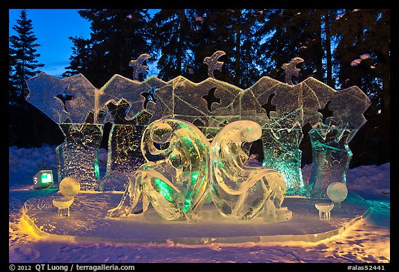 Ice sculptures lit with colored lights, 2012 Ice Alaska. Fairbanks, Alaska, USA