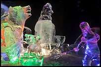 Multicolored Ice sculptures at night, George Horner Ice Park. Fairbanks, Alaska, USA