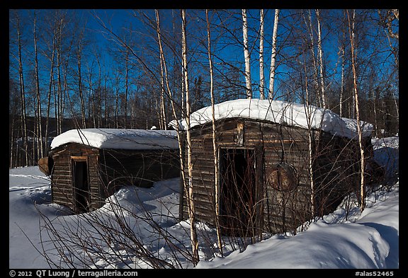 Cabins with gold dredging equipment, Chatanika. Alaska, USA