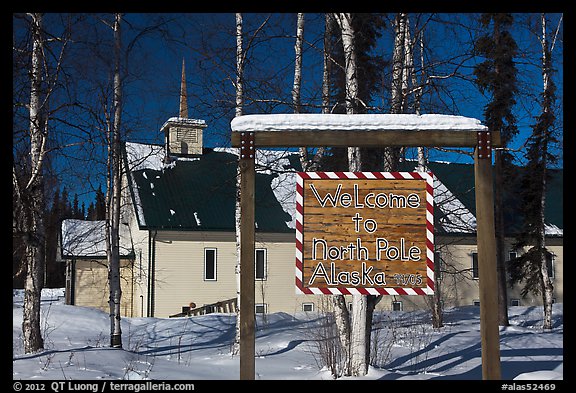 Welcome sign and church. North Pole, Alaska, USA