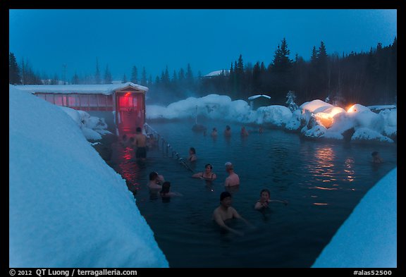 Hot springs at night in winter. Chena Hot Springs, Alaska, USA