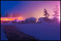 Stream, steam, and bathhouse at night. Chena Hot Springs, Alaska, USA (color)