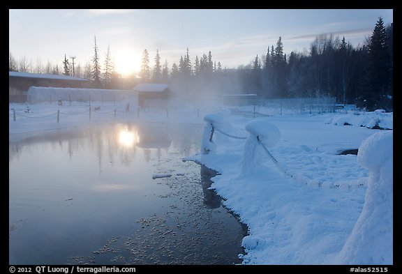 Pond of warm water at sunrise. Chena Hot Springs, Alaska, USA