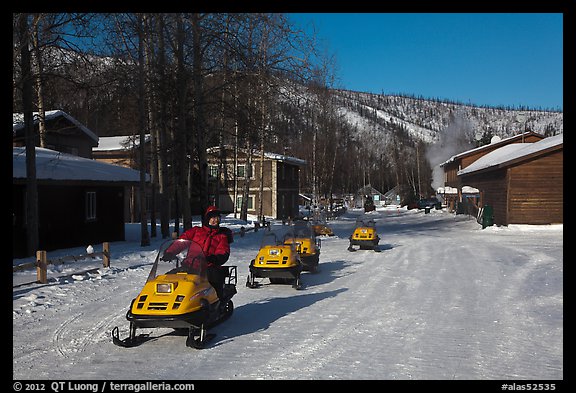Snowmobiles and resort. Chena Hot Springs, Alaska, USA
