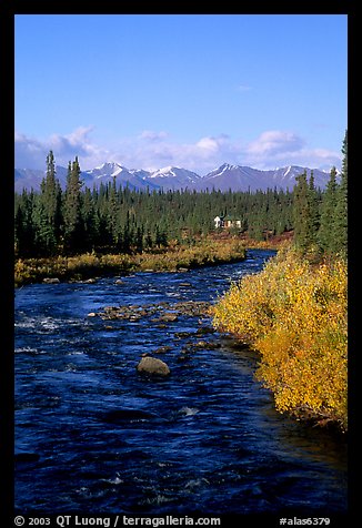 River and cabin, Denali Highway. Alaska, USA (color)