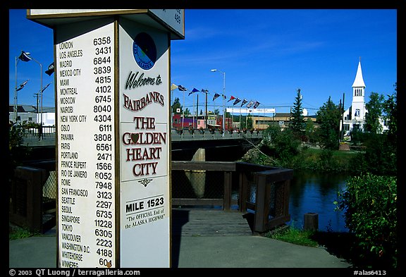Sign showing distances to major cities on the globe in Fairbanks. Fairbanks, Alaska, USA