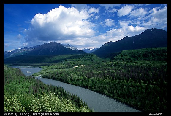 Matanuska River and Chugach mountains in summer, afternoon. Alaska, USA (color)