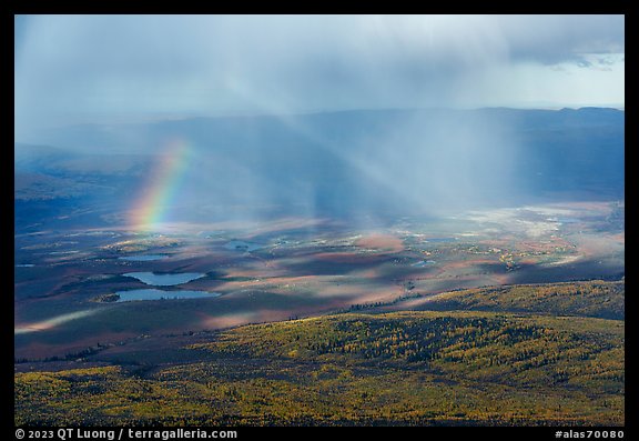Aerial view of forest, lakes, and rainbow. Alaska, USA