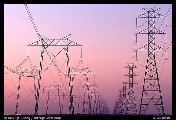 High voltage power lines at dusk. California, USA