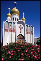 Russian Orthodox Cathedral with a foreground of flowers. San Francisco, California, USA (color)