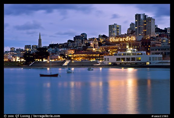 Aquatic Park, Ghirardelli Square, and skyline at dusk. San Francisco, California, USA (color)