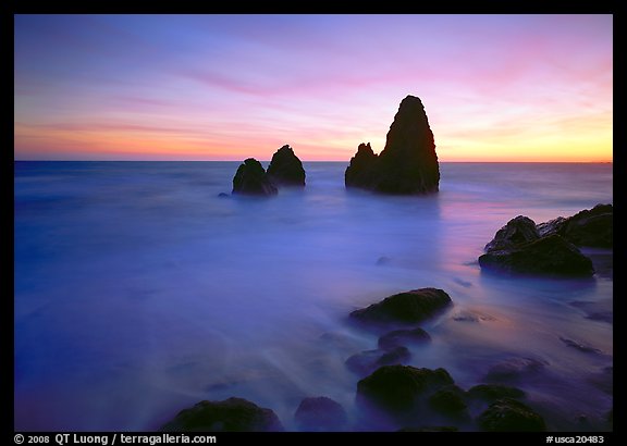 Seastacks and rocks, sunset, Rodeo Beach. California, USA