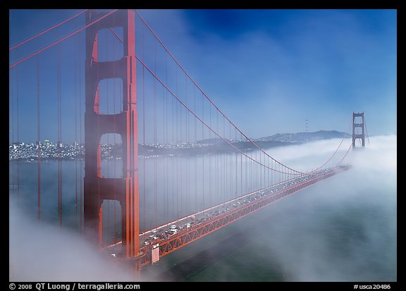 Golden Gate Bridge in Fog seen from Battery Spencer. San Francisco, California, USA (color)