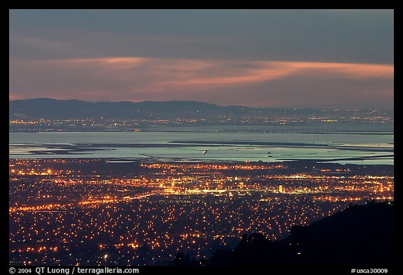 South end of the Bay with city lights at dusk. San Jose, California, USA