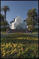 Flower bed and Conservatory of the Flowers, late afternoon, Golden Gate Park. San Francisco, California, USA