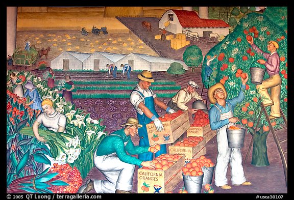 Agricultural scene depicted in a fresco inside Coit Tower. San Francisco, California, USA (color)