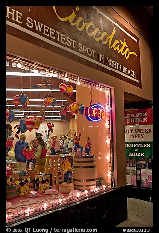 Chocolate store on Columbus Avenue at night, North Beach. San Francisco, California, USA