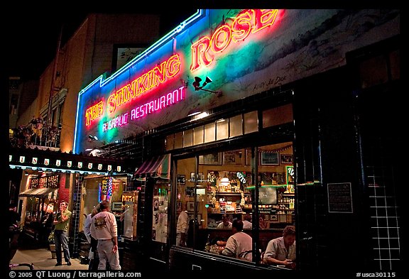 Stinking Rose garlic restaurant at night, North Beach. San Francisco, California, USA (color)