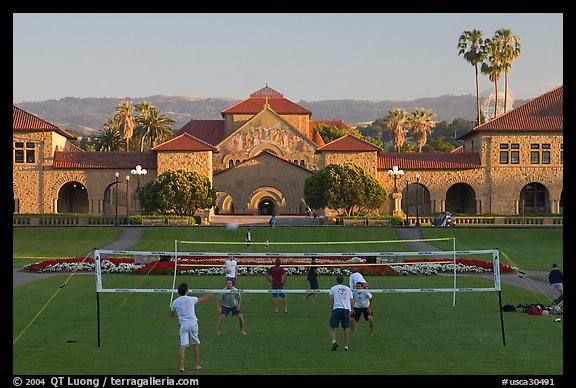 Volley-ball players in front of the Quad, late afternoon. Stanford University, California, USA (color)