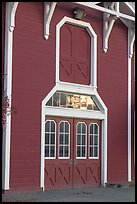 Door with sunset reflections, Red Barn. Stanford University, California, USA (color)