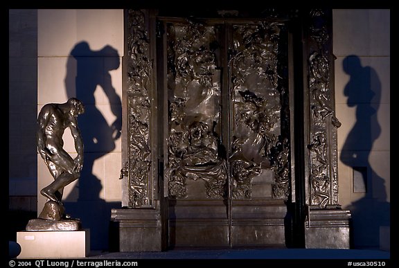Rodin's monumental Gates of Hell at night. Stanford University, California, USA