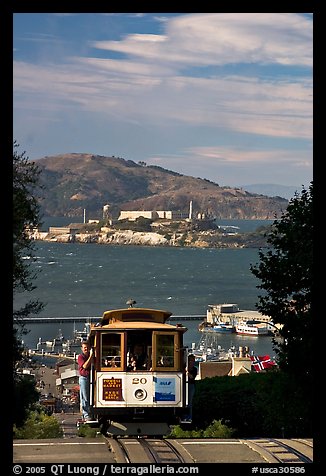 Cable car and Alcatraz Island, late afternoon. San Francisco, California, USA (color)