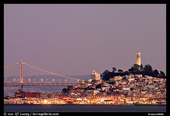 Telegraph Hill and Bay Bridge at dusk. San Francisco, California, USA (color)