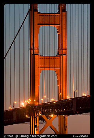 Golden Gate Bridge pillar at night. San Francisco, California, USA