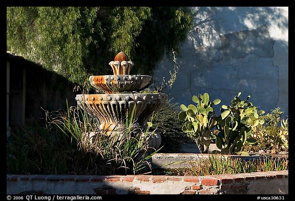 Fountain and cacti, Mission San Miguel Arcangel. California, USA
