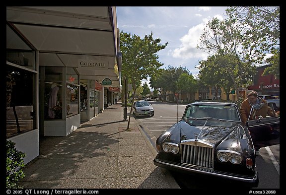 Goodwill store and Rolls-Royce on  Santa Cruz avenue. Menlo Park,  California, USA (color)