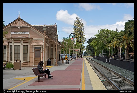 Waiting at the Menlo Park historical train station. Menlo Park,  California, USA (color)