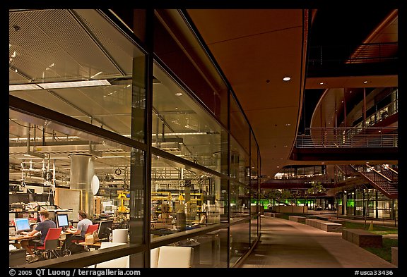 Laboratories in the James Clark Center at night. Stanford University, California, USA (color)