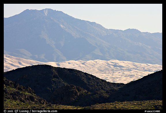 Hills, Kelso Dunes, and Granit Moutains from a distance. Mojave National Preserve, California, USA (color)