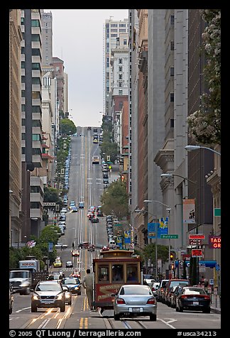 Cable-car in steep California Avenue. San Francisco, California, USA (color)