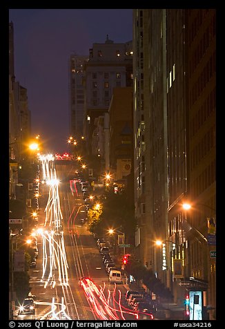 Steep California street and lights at night. San Francisco, California, USA