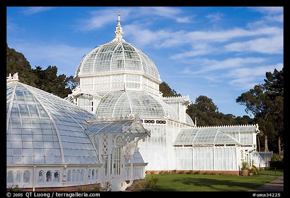 Side view of the Conservatory of Flowers, whitewashed to avoid heat absorption. San Francisco, California, USA (color)
