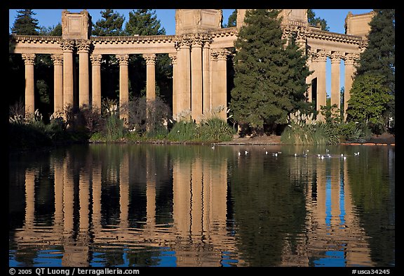 Colonades and reflection, Palace of Fine Arts, morning. San Francisco, California, USA