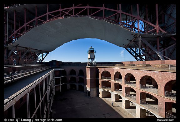 Fort Point courtyard, lighthouse,  and arch of the Golden Gate Bridge. San Francisco, California, USA