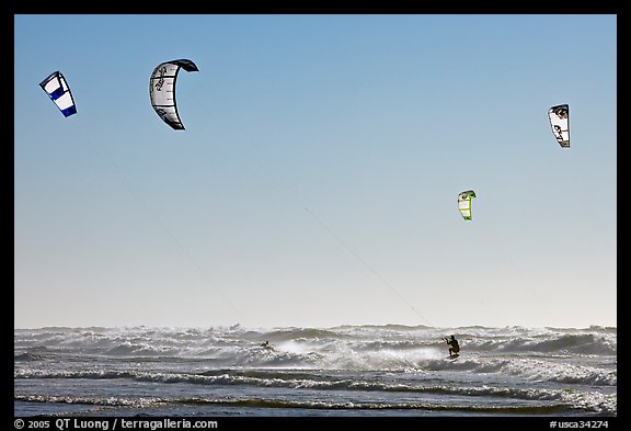 Multitude of kite surfing wings, afternoon. San Francisco, California, USA