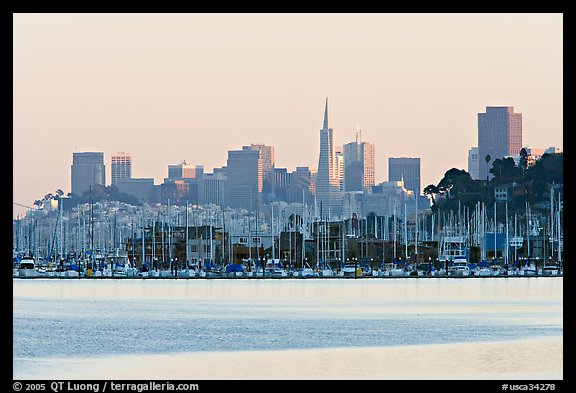 City skyline with Sausalito houseboats of Richardson Bay in the background. San Francisco, California, USA (color)