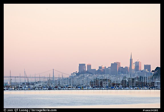 San Francisco Skyline seen from Sausalito with houseboats in background. San Francisco, California, USA