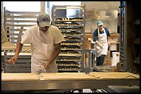 Baker hand-coating lofs of bread. San Francisco, California, USA ( color)