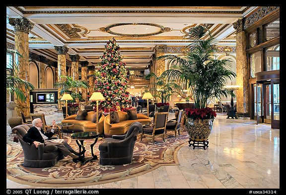 Man sitting in the lobby of the Fairmont Hotel. San Francisco, California, USA