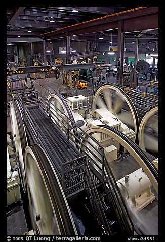 Cable winding machinery in the Cable-car powerhouse. San Francisco, California, USA (color)