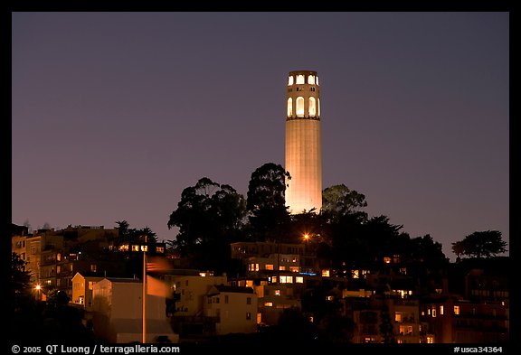 Coit Tower and Telegraph Hill at night. San Francisco, California, USA